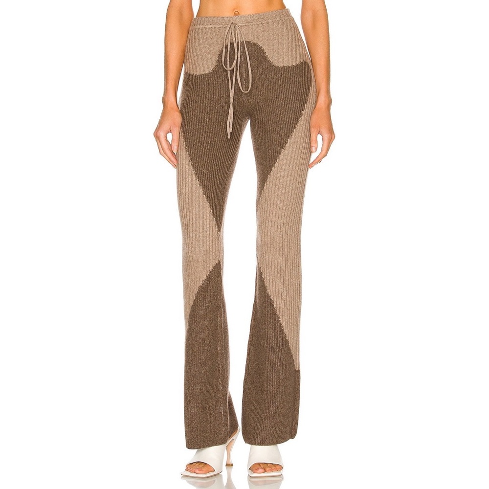 Danielle Guizio Zine Rib Knit‎ Wool Cashmere Blend Flare Pants in Brown Khaki